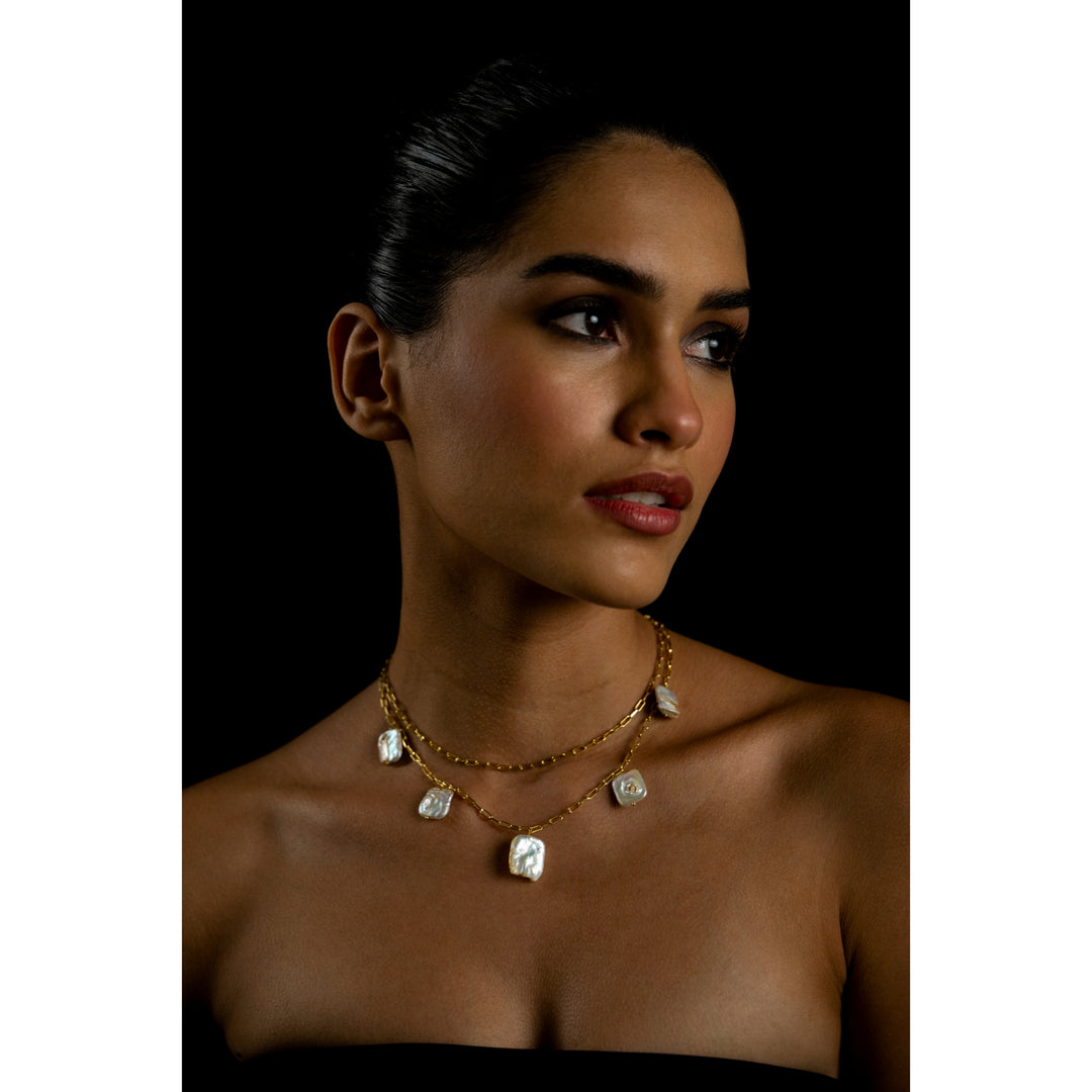 Timeless Beauty - 925 Silver Double-Layered Necklace with Pearl Stones: Gold Rhodium Plating
