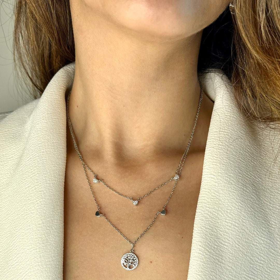 Assyria - Zirconia Heart and World Tree Charm Necklace