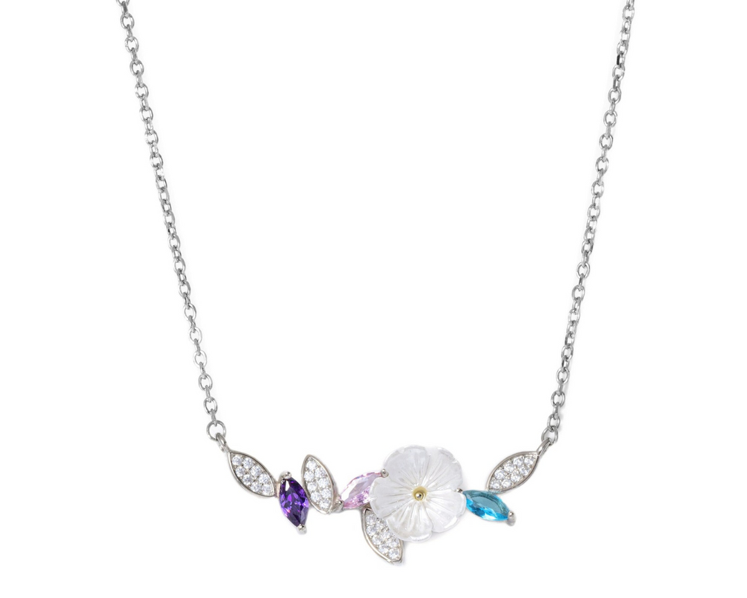 Demeter - Silver Multicolor Zirconia Flower and Leaves Pendant Necklace
