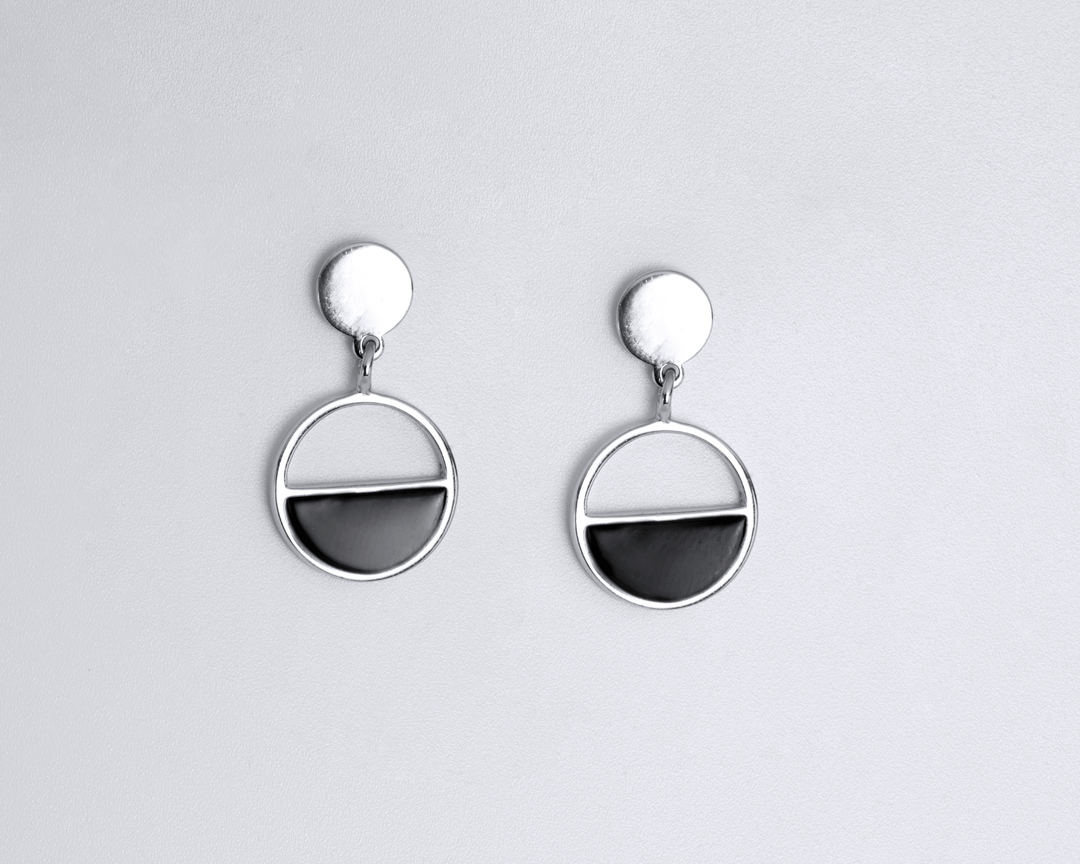 Pontus - Silver and Black Enamel Half Patterned Earrings