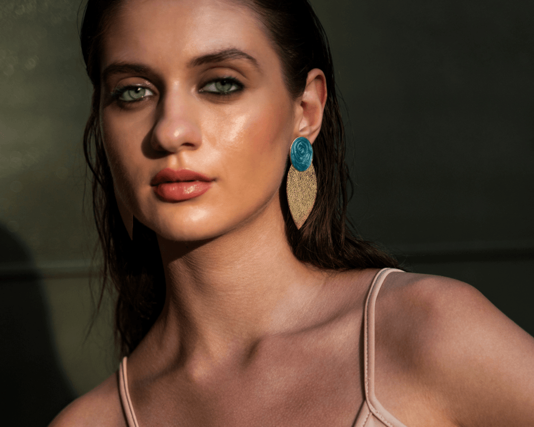 Charmed Vine - 925 Silver Leaf Earrings - Blue Enamel: Gold Rhodium Plating