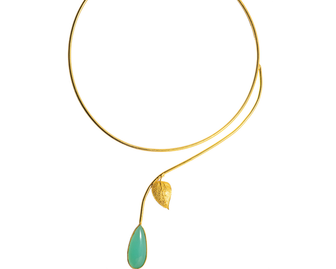 Nature's Embrace - 925 Silver Choker Necklace with Green Stone Pendant: Gold Rhodium Plating