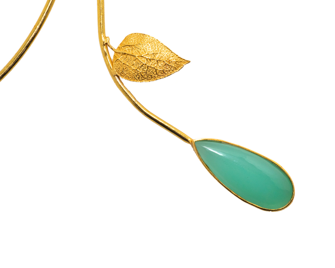 Nature's Embrace - 925 Silver Choker Necklace with Green Stone Pendant: Gold Rhodium Plating
