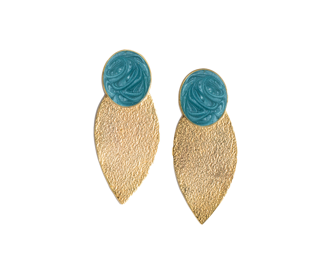 Charmed Vine - 925 Silver Leaf Earrings - Blue Enamel: Gold Rhodium Plating