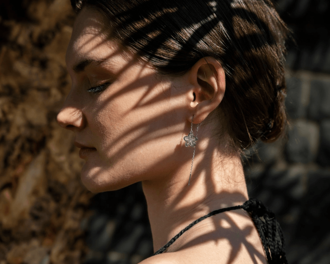 Silenus - Zirconia Flower Drop Threader Earrings