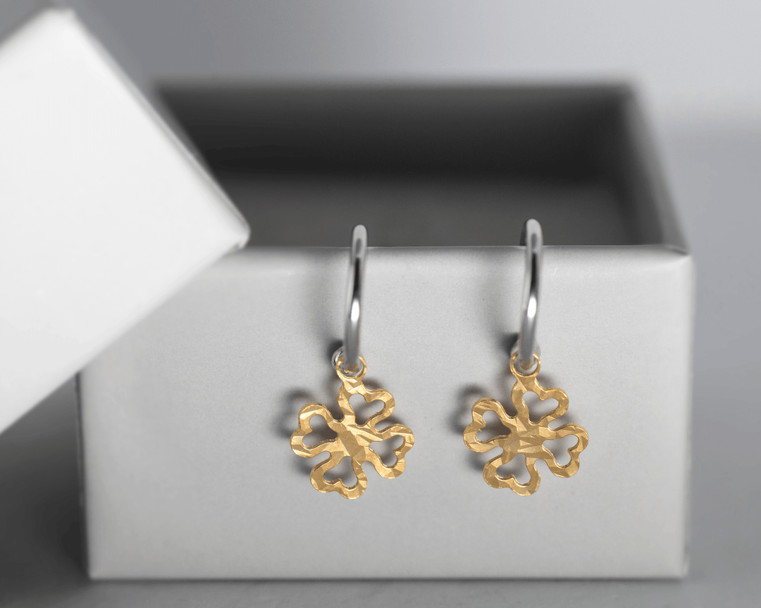 Fortuna - Dangling Floral Charm Earrings: Silver and Gold Polish