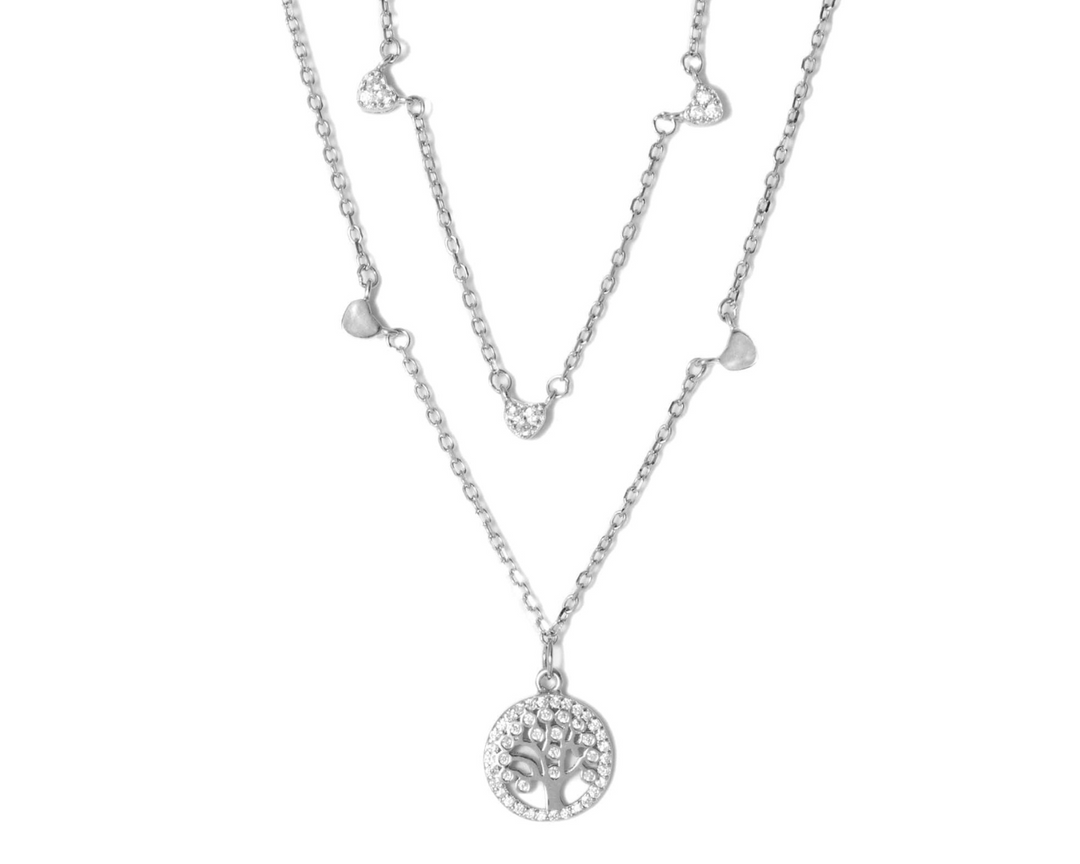 Assyria - Zirconia Heart and World Tree Charm Necklace