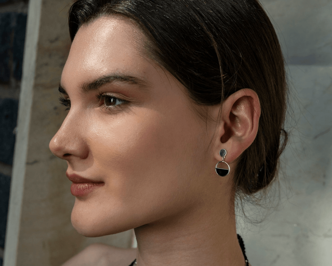 Pontus - Silver and Black Enamel Half Patterned Earrings