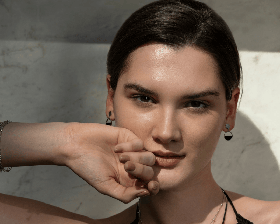 Pontus - Silver and Black Enamel Half Patterned Earrings