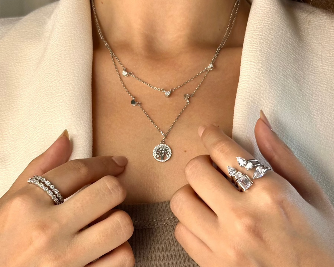 Assyria - Zirconia Heart and World Tree Charm Necklace