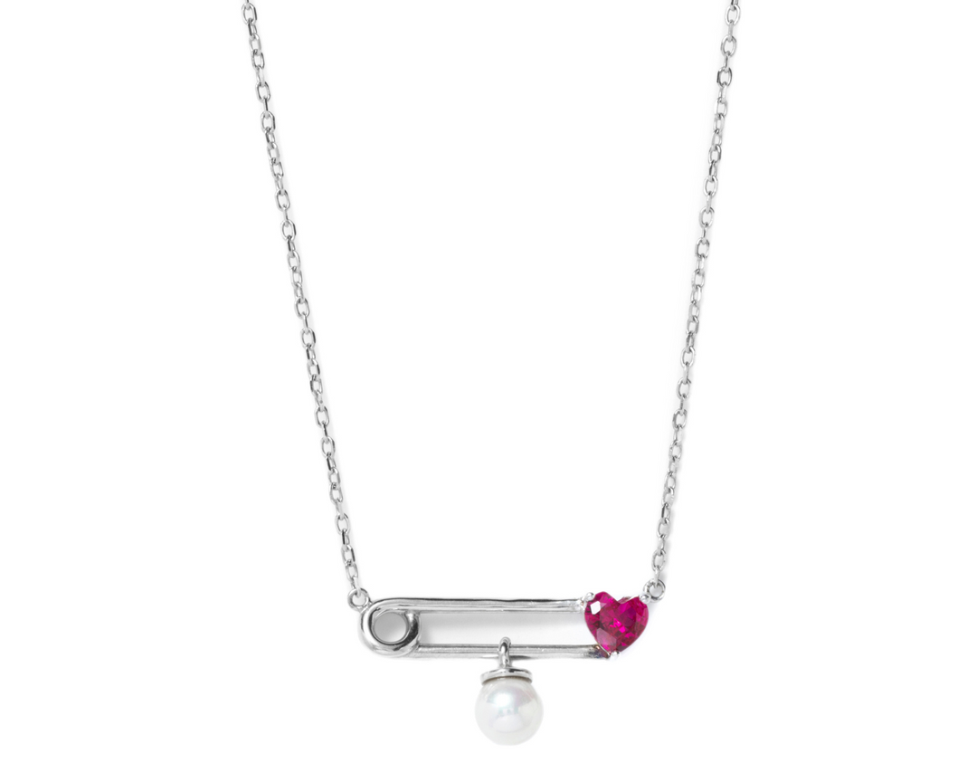 Pothos - Pink Heart and Pearl Safety Pin Pendant Necklace