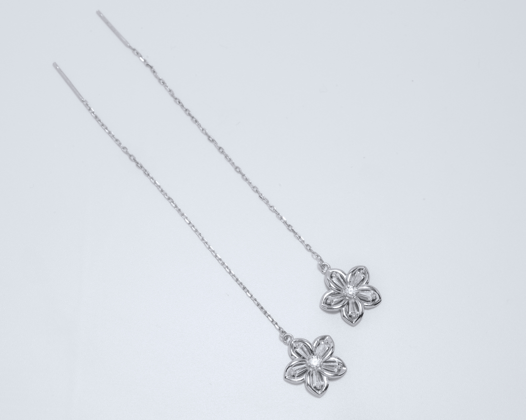Silenus - Zirconia Flower Drop Threader Earrings