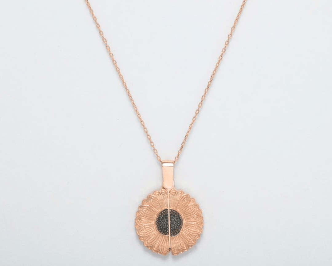 Helios - Cable Link Chain with Openable Sunflower Pendant: Rose Gold Polish