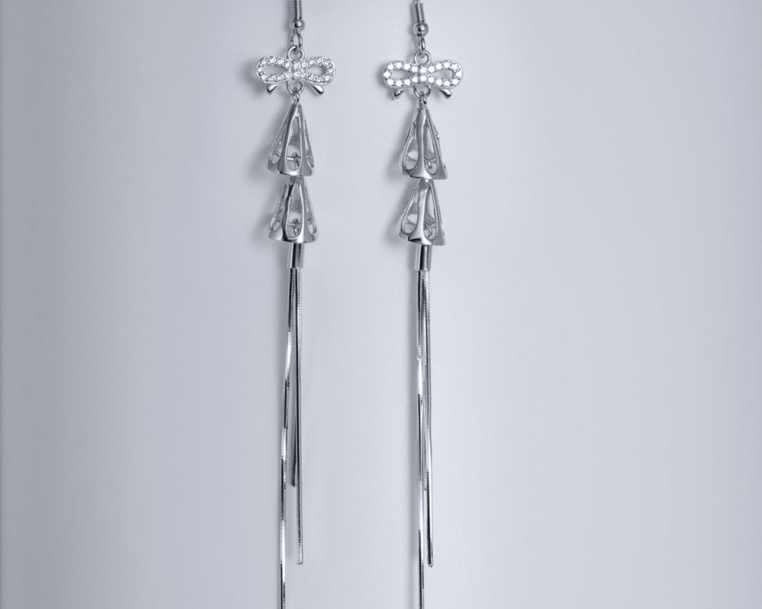 Semele - Silver Zirconia and Bows Tassle Dangler Earrings
