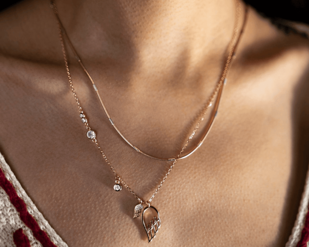 Angela - Cable Link Chain with Dangling Zirconia and Angel Wing Pendant
