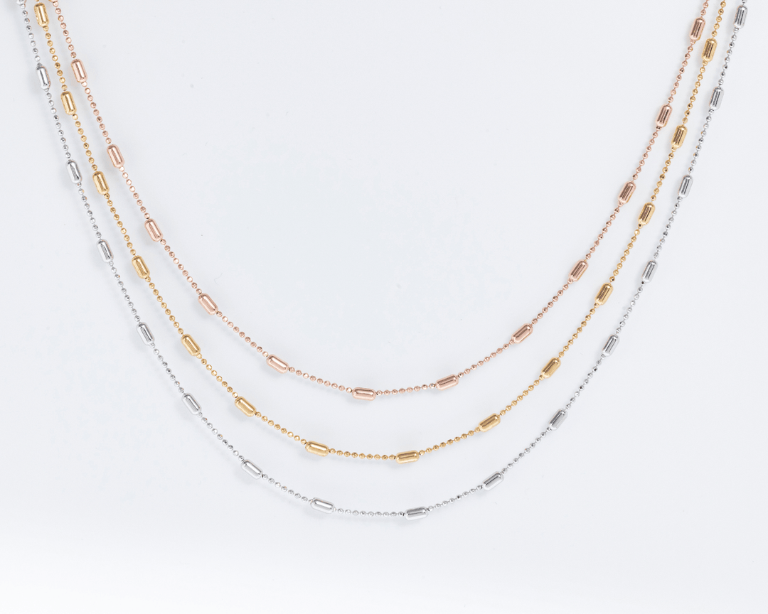 Maeve - Triple Layered Beaded Chain Necklace: Silver, Gold and Rose Gold Polish