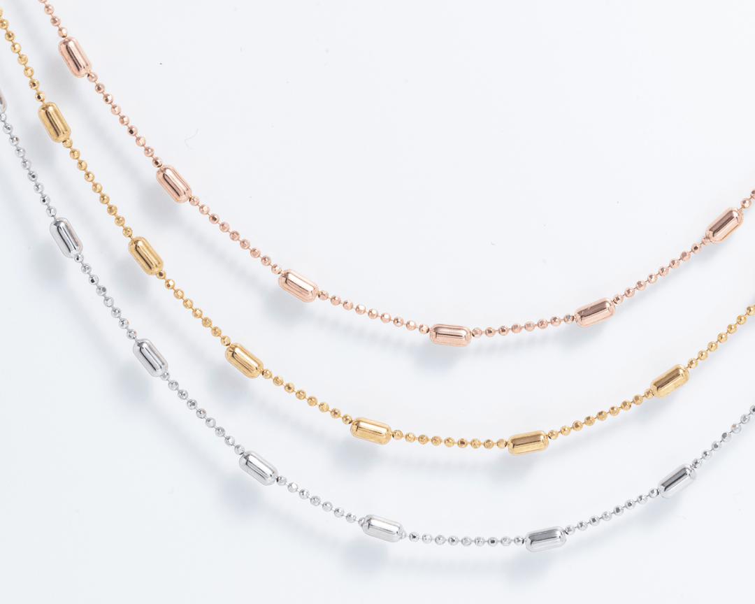 Maeve - Triple Layered Beaded Chain Necklace: Silver, Gold and Rose Gold Polish