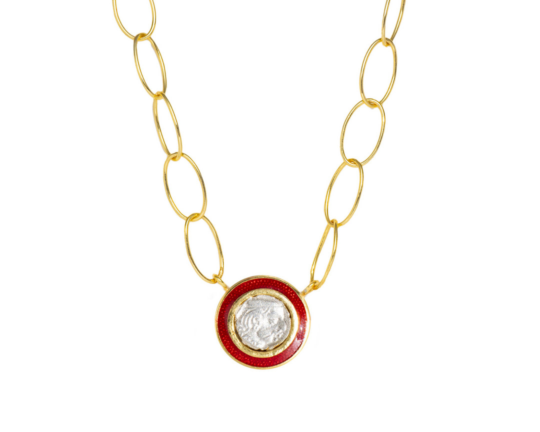 Dual Charm - 925 Silver Necklace with Circle Pendant - Red and Blue Enamel: Gold Rhodium Plating
