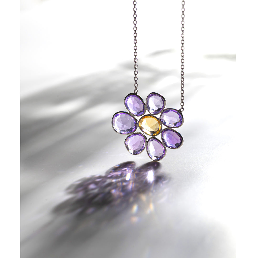 Dorea - Silver Necklace with Amethyst & Citrine Flower Pendant