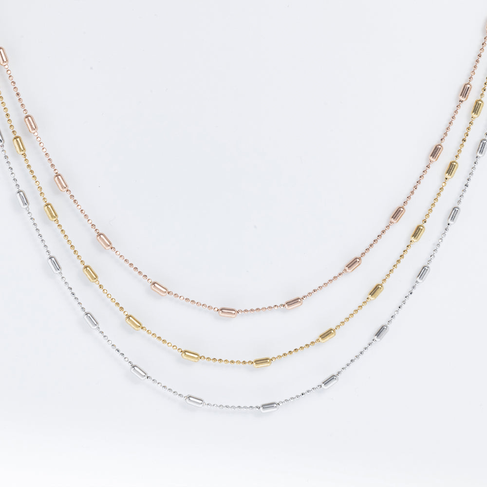 Maeve - Triple Layered Beaded Chain Necklace: Silver, Gold and Rose Gold Polish
